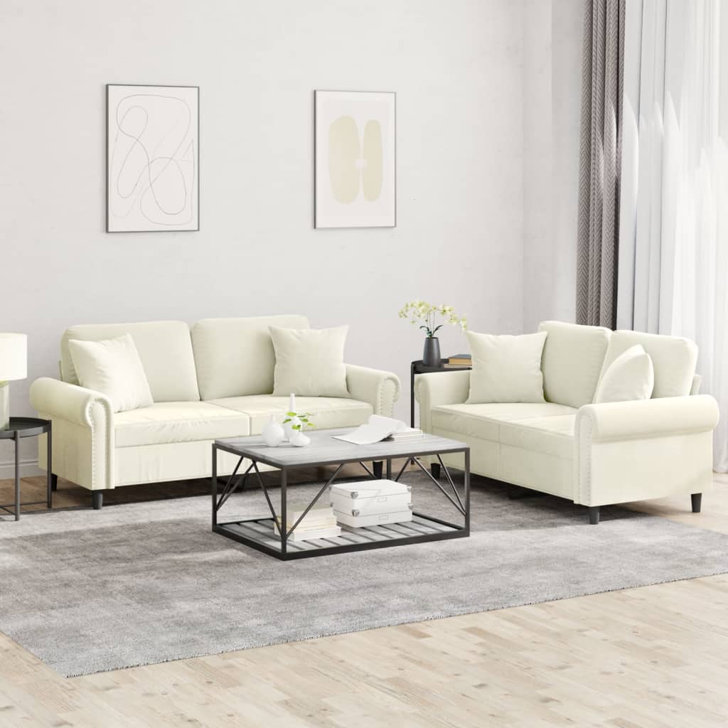2-tlg. Sofagarnitur mit Kissen Creme Samt