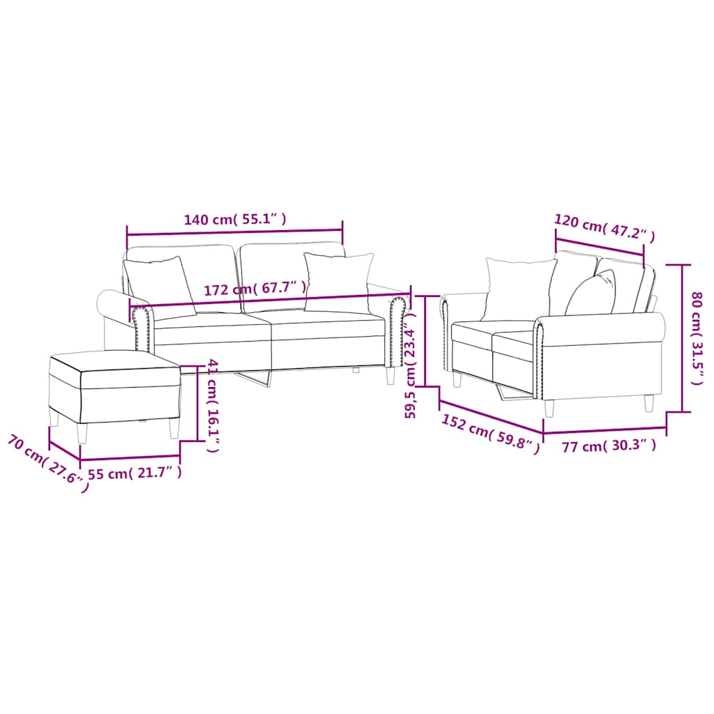 3-tlg. Sofagarnitur mit Kissen Schwarz Samt
