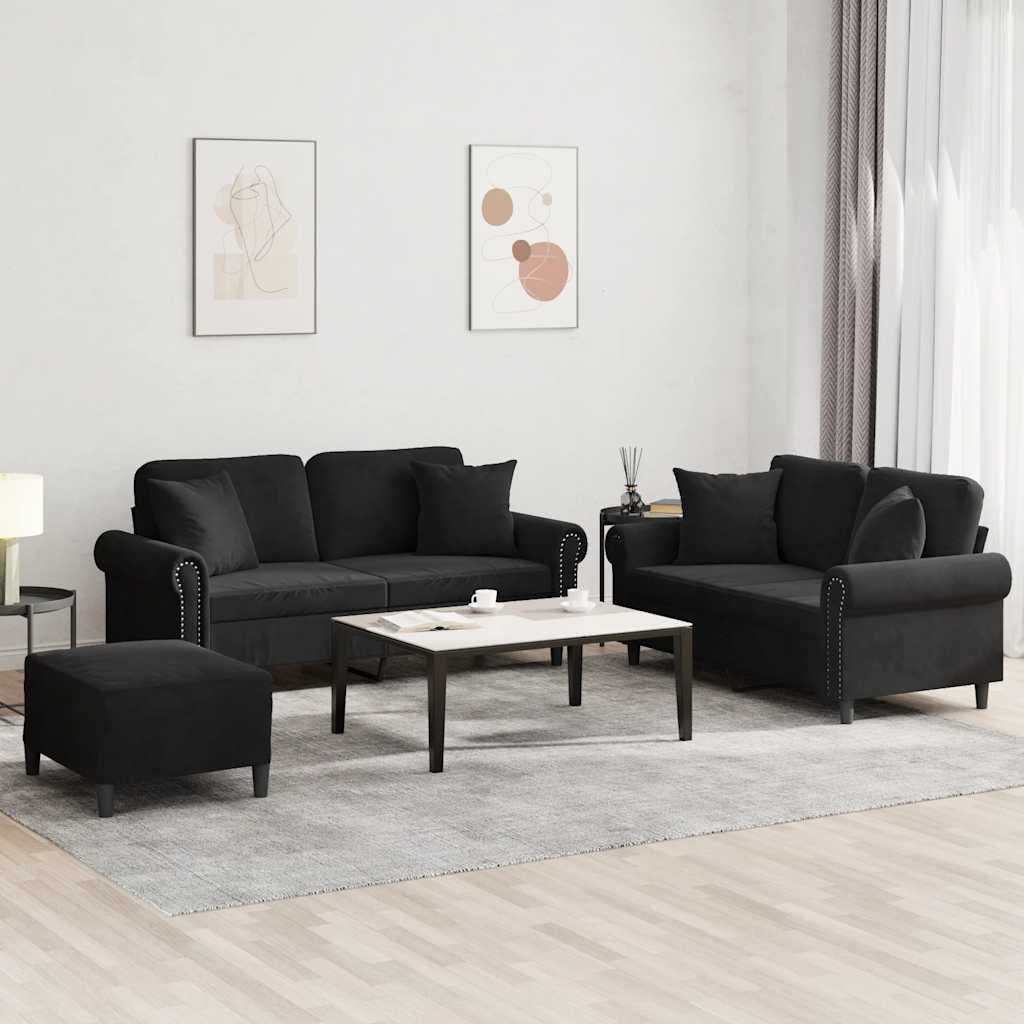 3-tlg. Sofagarnitur mit Kissen Schwarz Samt