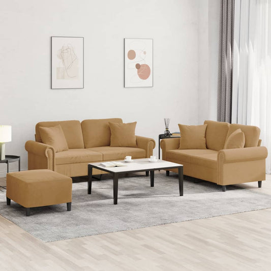 3-tlg. Sofagarnitur mit Kissen Braun Samt