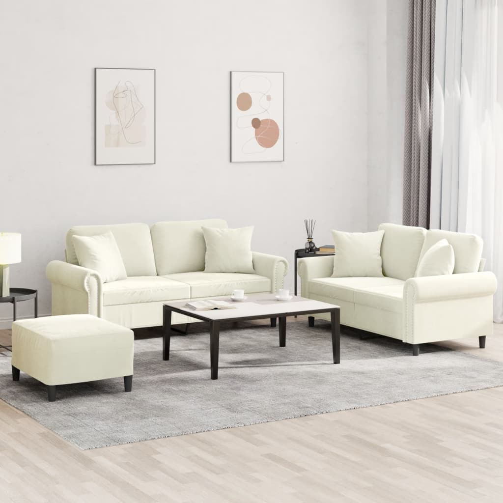 3-tlg. Sofagarnitur mit Kissen Creme Samt