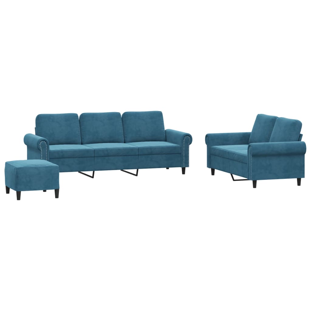 3-tlg. Sofagarnitur mit Kissen Blau Samt