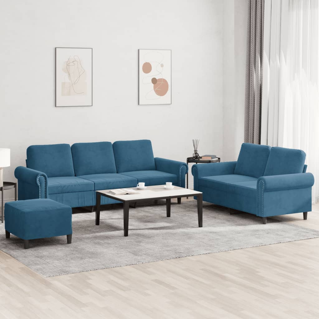 3-tlg. Sofagarnitur mit Kissen Blau Samt