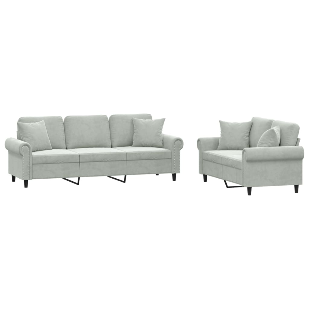 Ensemble de canapé 2 pièces avec coussins en velours gris clair