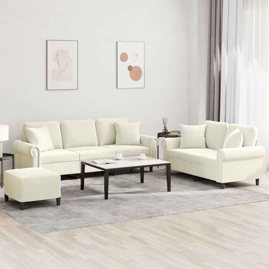 3-tlg. Sofagarnitur mit Kissen Creme Samt