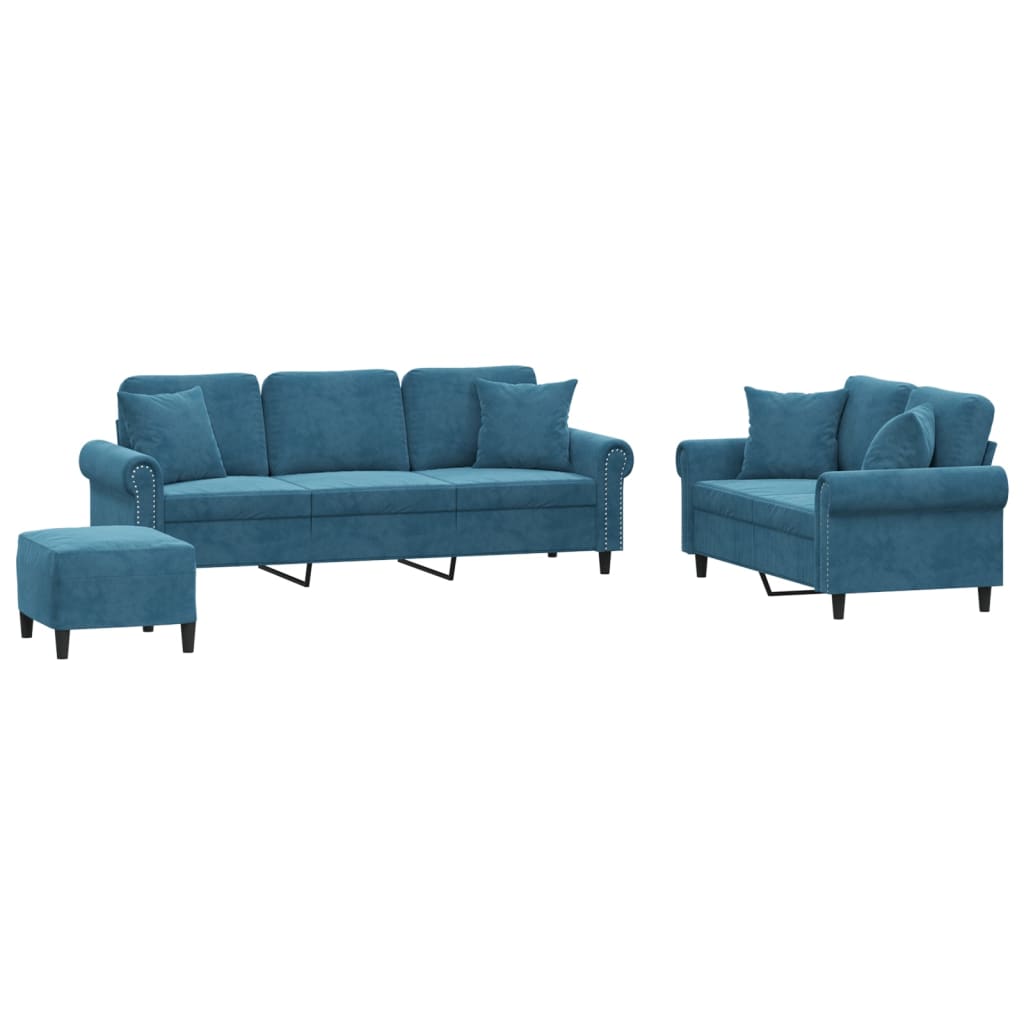 3-tlg. Sofagarnitur mit Kissen Blau Samt