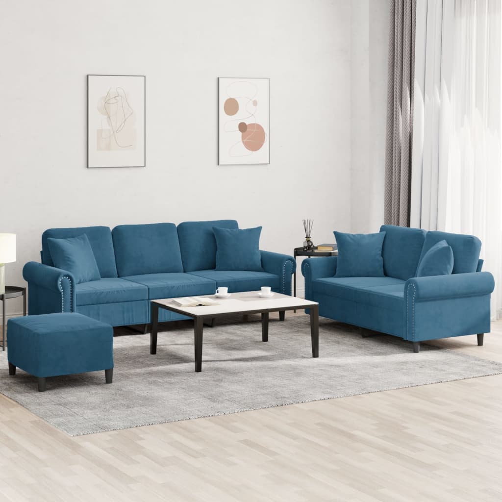 3-tlg. Sofagarnitur mit Kissen Blau Samt