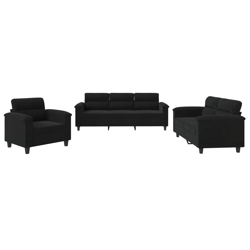 Ensemble de canapé 3 pièces avec coussins, tissu microfibre noir