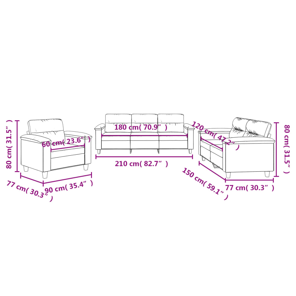 Ensemble de canapé 3 pièces avec coussins, tissu microfibre noir