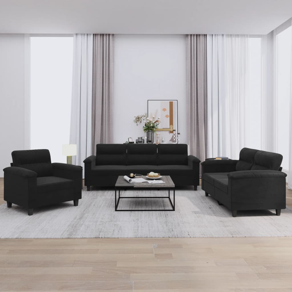 Ensemble de canapé 3 pièces avec coussins, tissu microfibre noir