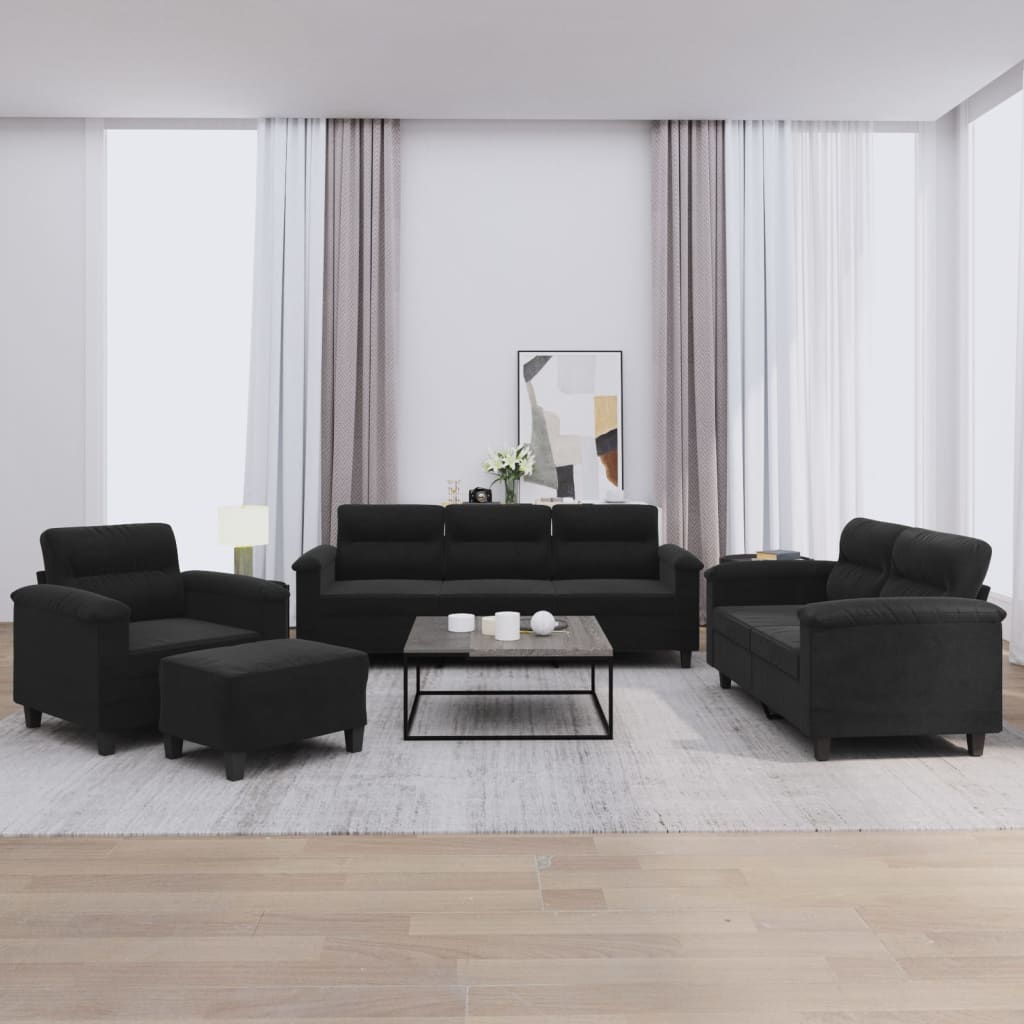 4-tlg. Sofagarnitur mit Kissen Schwarz Mikrofasergewebe