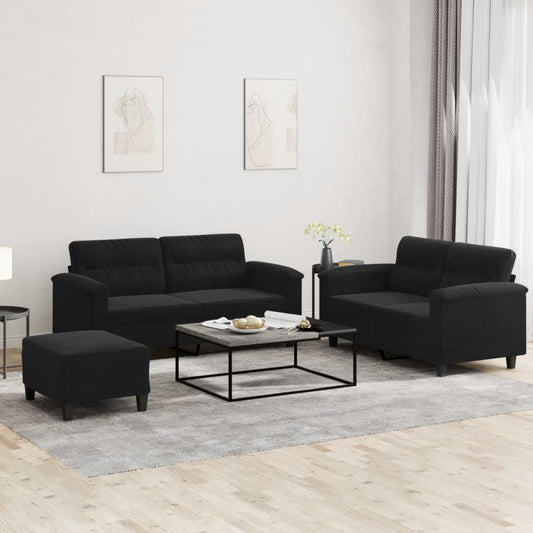 3-tlg. Sofagarnitur mit Kissen Schwarz Mikrofasergewebe