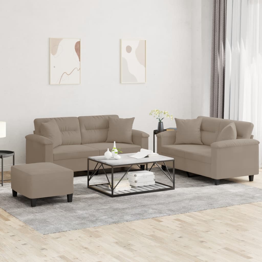 3-tlg. Sofagarnitur mit Kissen Taupe Mikrofasergewebe