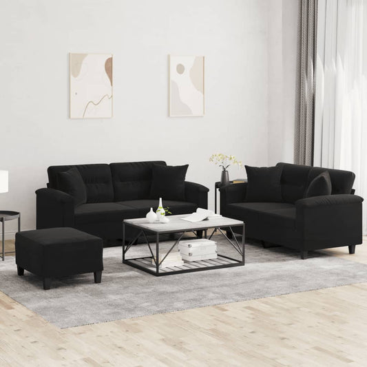 3-tlg. Sofagarnitur mit Kissen Schwarz Mikrofasergewebe