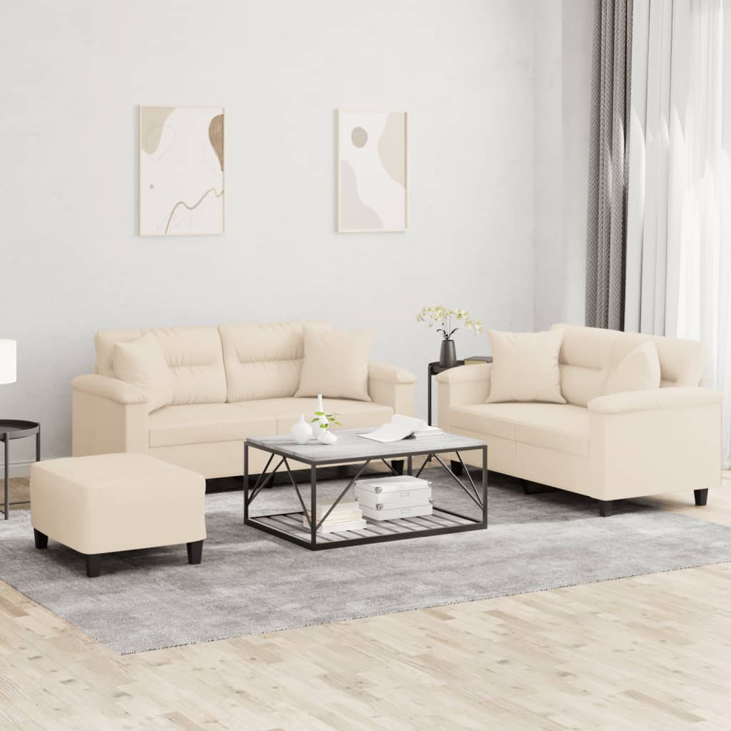 3-tlg. Sofagarnitur mit Kissen Beige Mikrofasergewebe