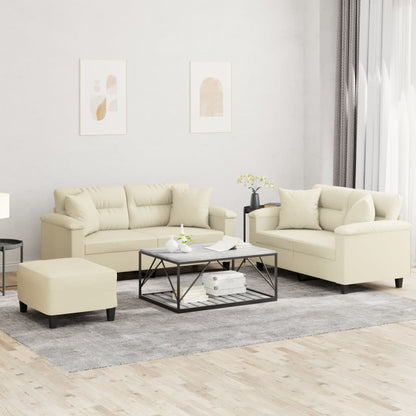 3-tlg. Sofagarnitur mit Kissen Creme Kunstleder