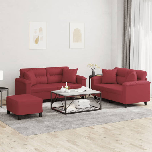 3-tlg. Sofagarnitur mit Kissen Weinrot Kunstleder