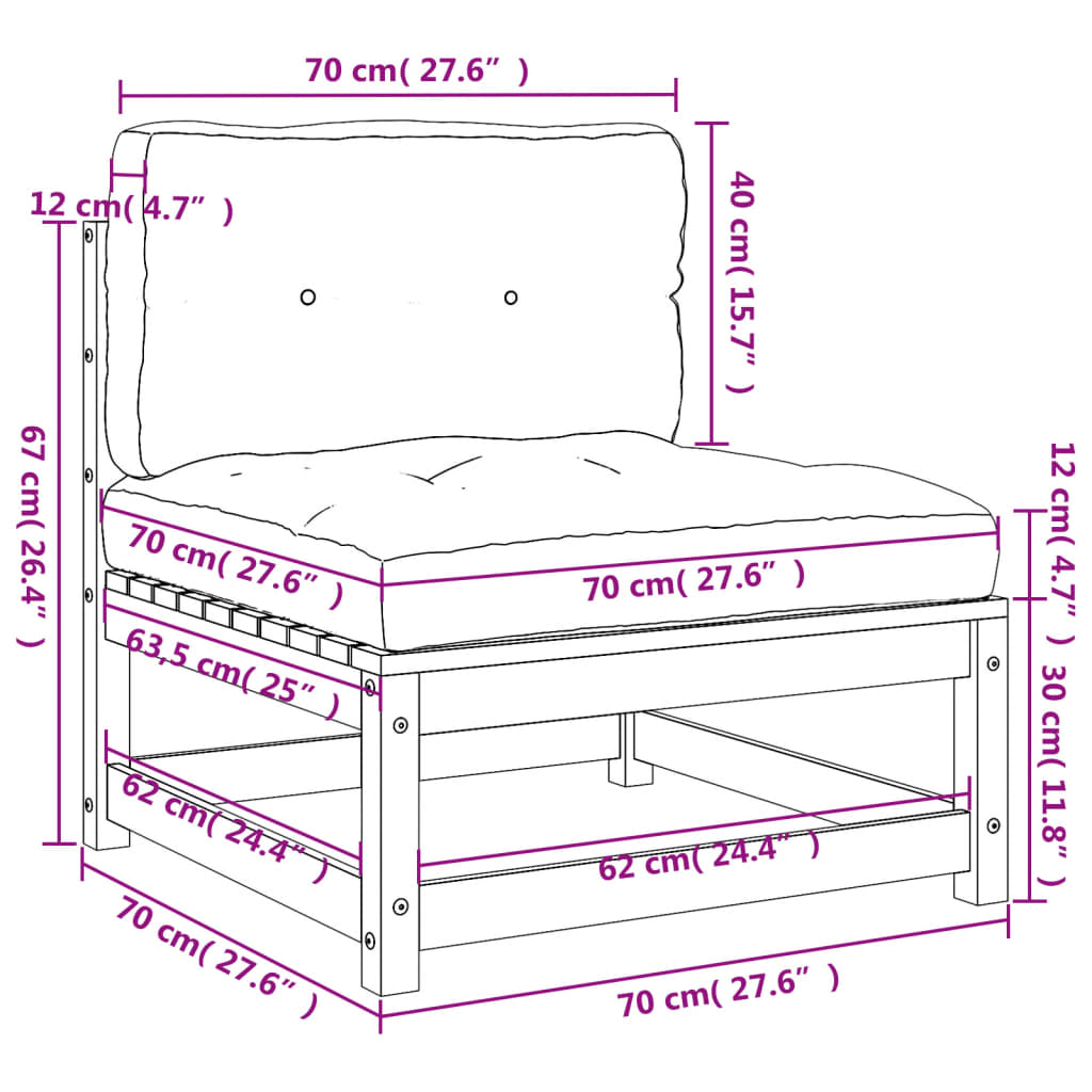 Canapés de jardin sans accoudoirs avec coussins 2 pcs. Bois de pin blanc.