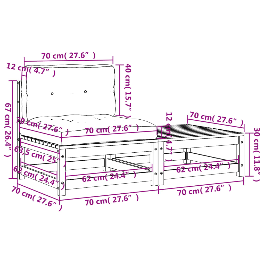 Canapé de jardin sans accoudoirs avec coussins et tabouret