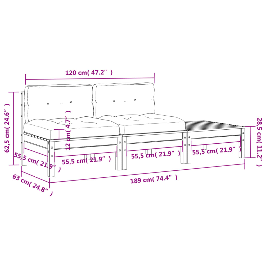 Canapé de jardin avec coussins et tabouret 2 places