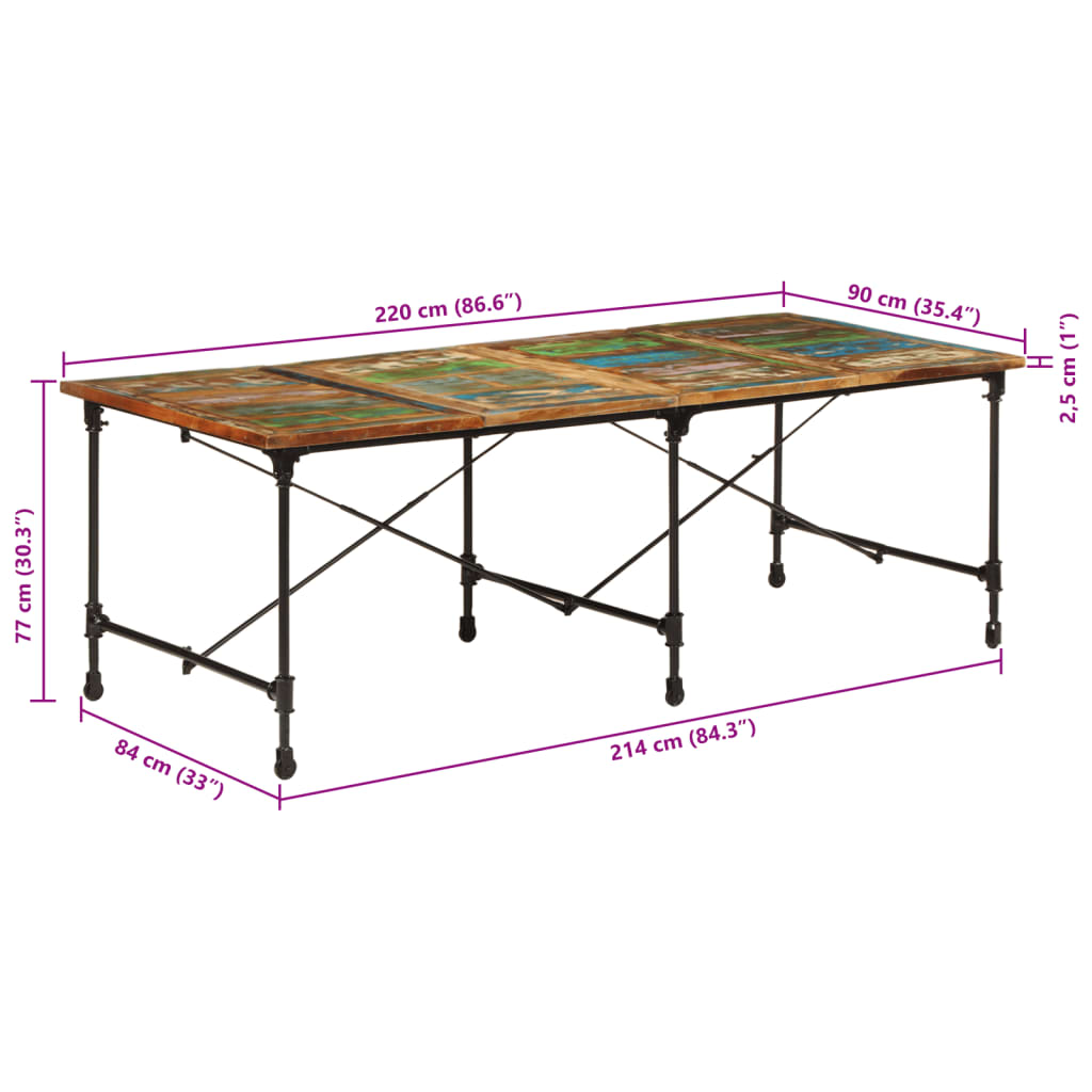Dining table 220x90x77 cm solid reclaimed wood