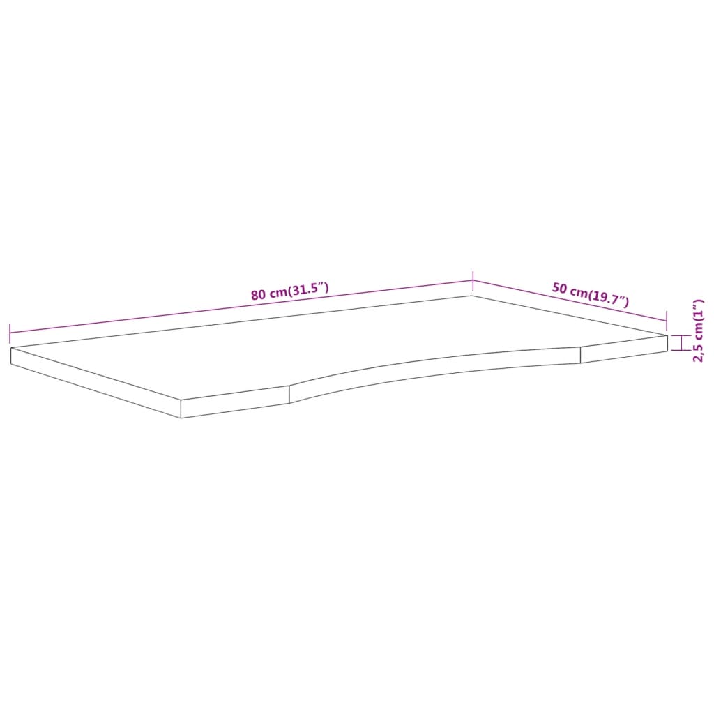 Plateau de bureau 80x50x2,5 cm rectangulaire en bois d'acacia massif