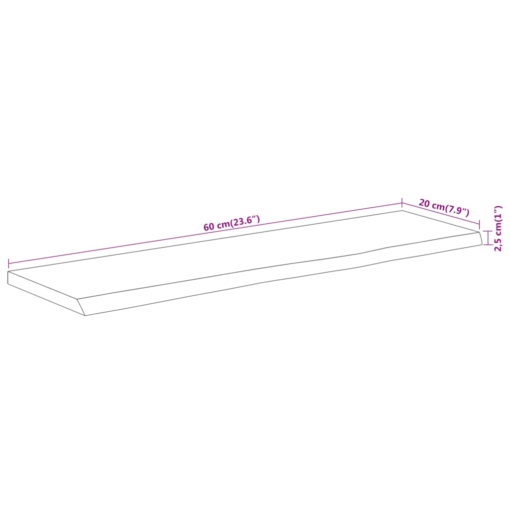 Wall shelf 60x20x2.5 cm rectangular solid wood acacia tree edge
