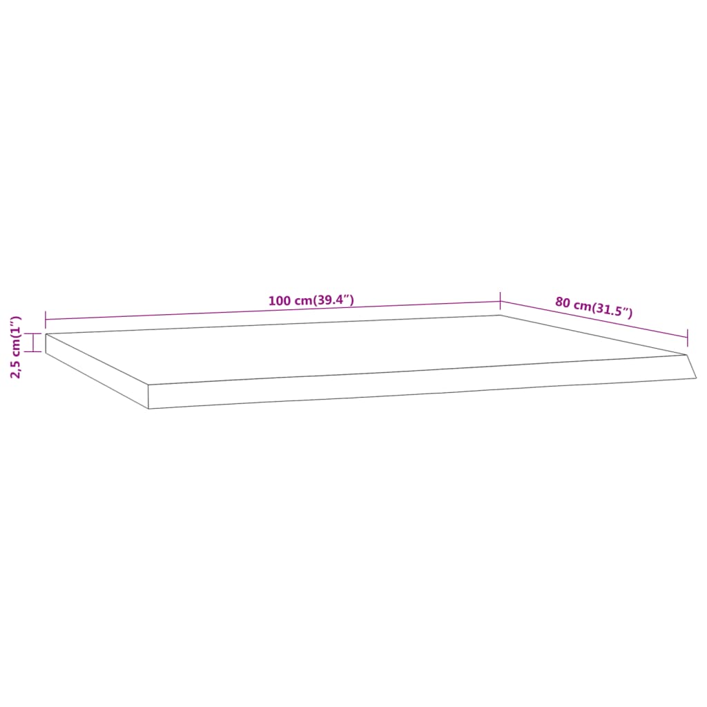 Plateau de bureau 100x80x2,5 cm chant en bois d'acacia massif