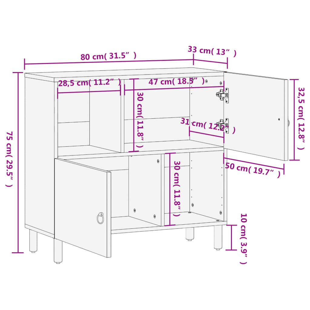 Beistellschrank 80x33x75 cm Massivholz Mango