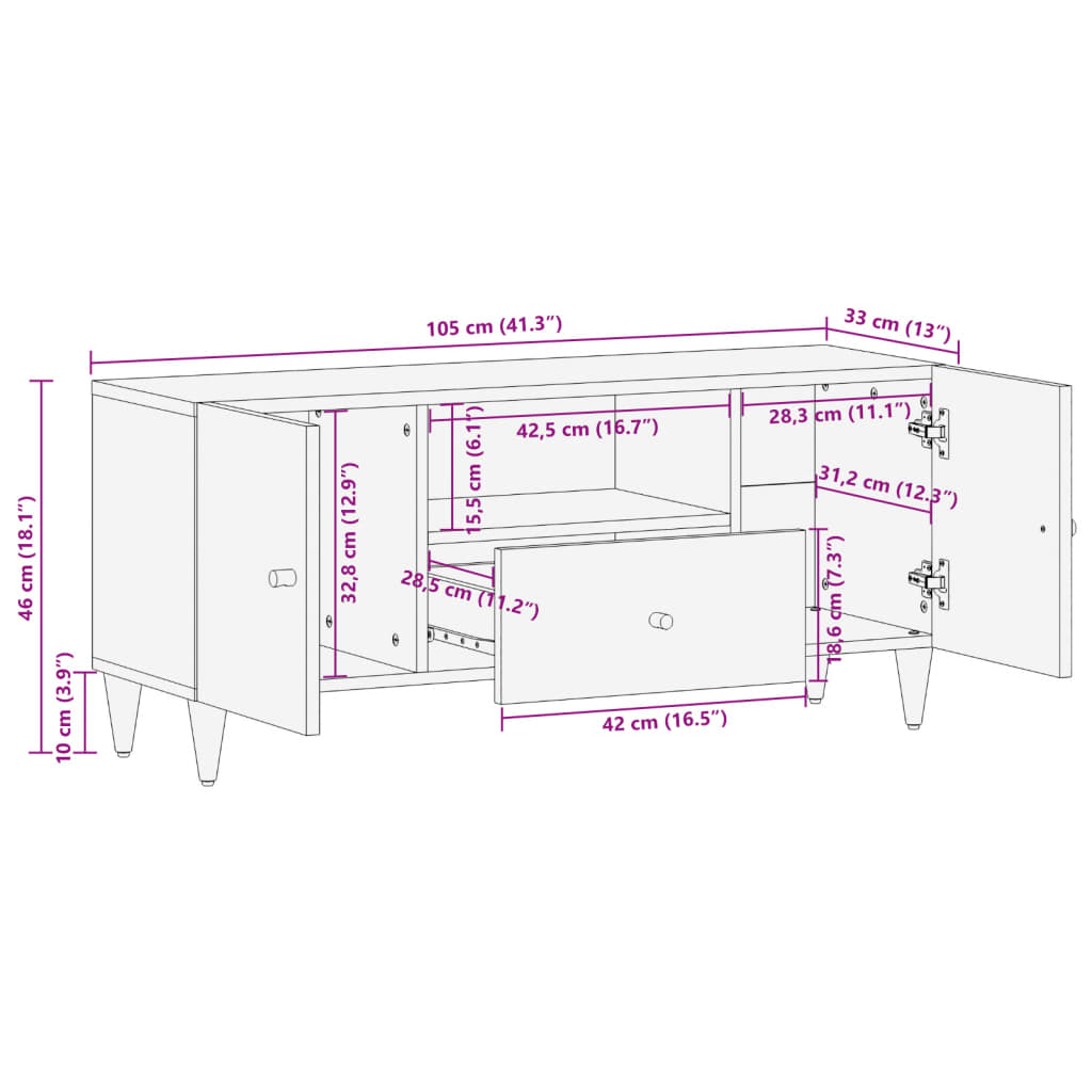 TV-Schrank 105x33x46 cm Massivholz Mango