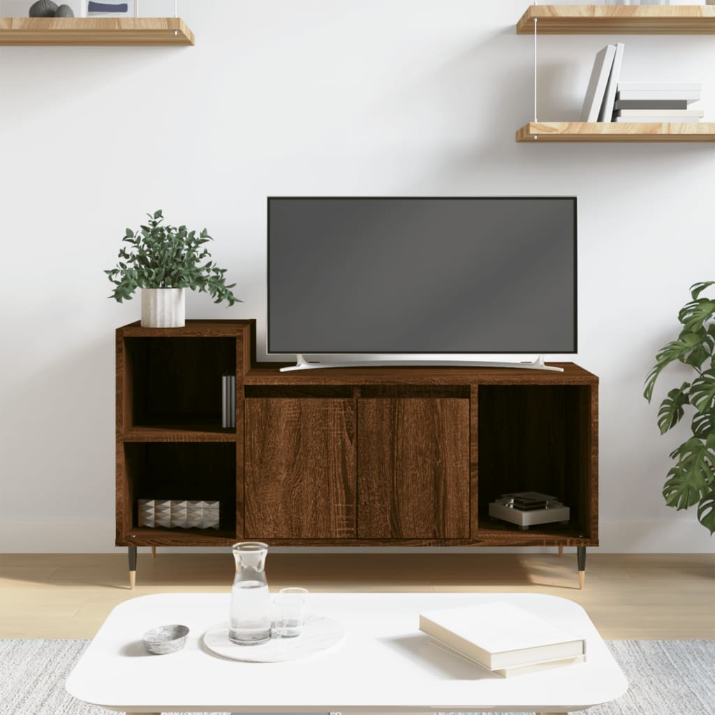 Meuble TV aspect chêne marron 100x35x55 cm matériau bois