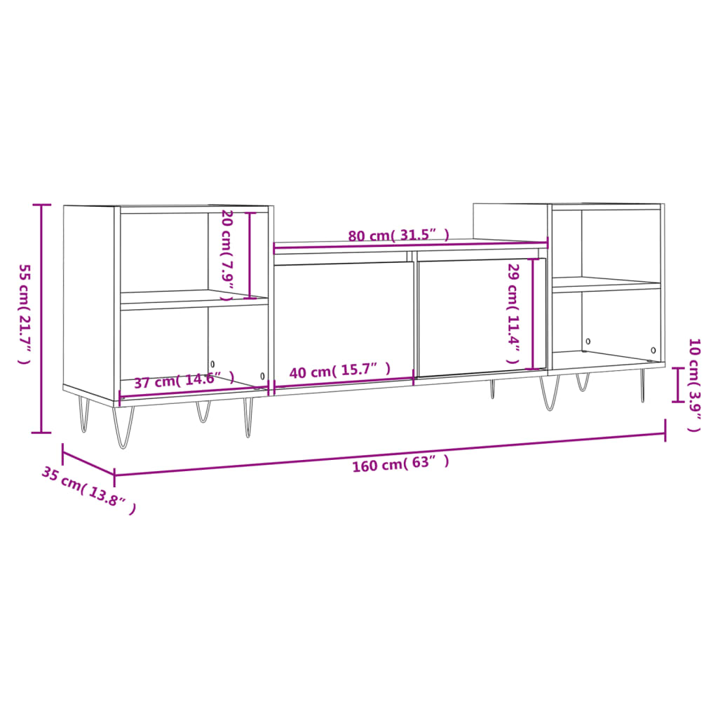 Meuble TV gris béton 160x35x55 cm en bois