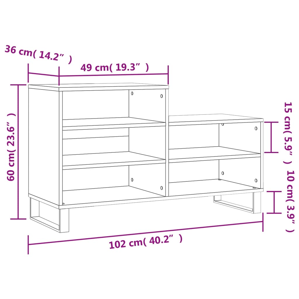 Shoe rack high gloss white 102x36x60 cm wood material