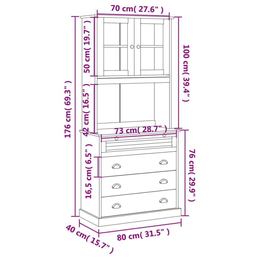 Highboard VIGO 80x40x176 cm Massivholz Kiefer