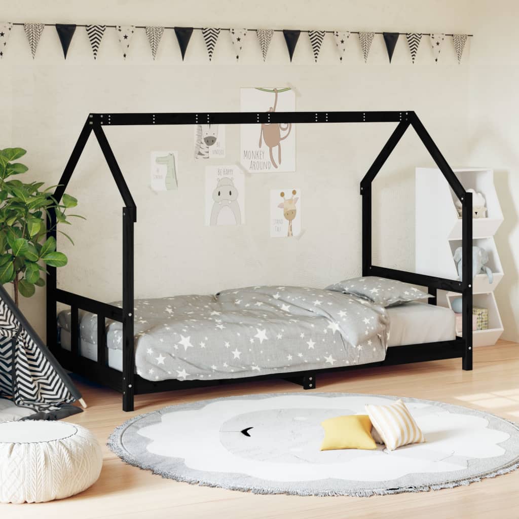 Lit enfant noir 90x190 cm en pin massif