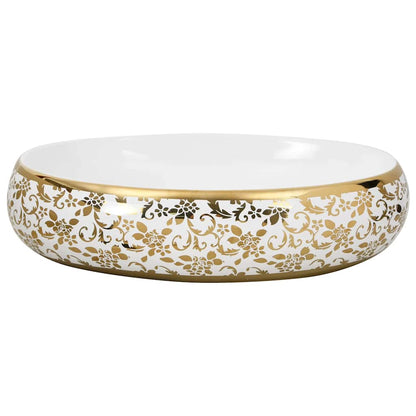 Aufsatzwaschbecken Weiß und Golden Oval 59x40x15 cm Keramik