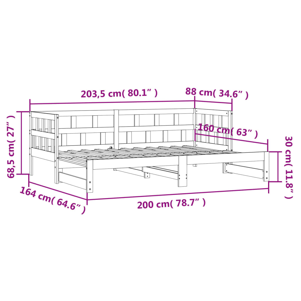 Lit de repos extensible 80x200 cm en pin massif