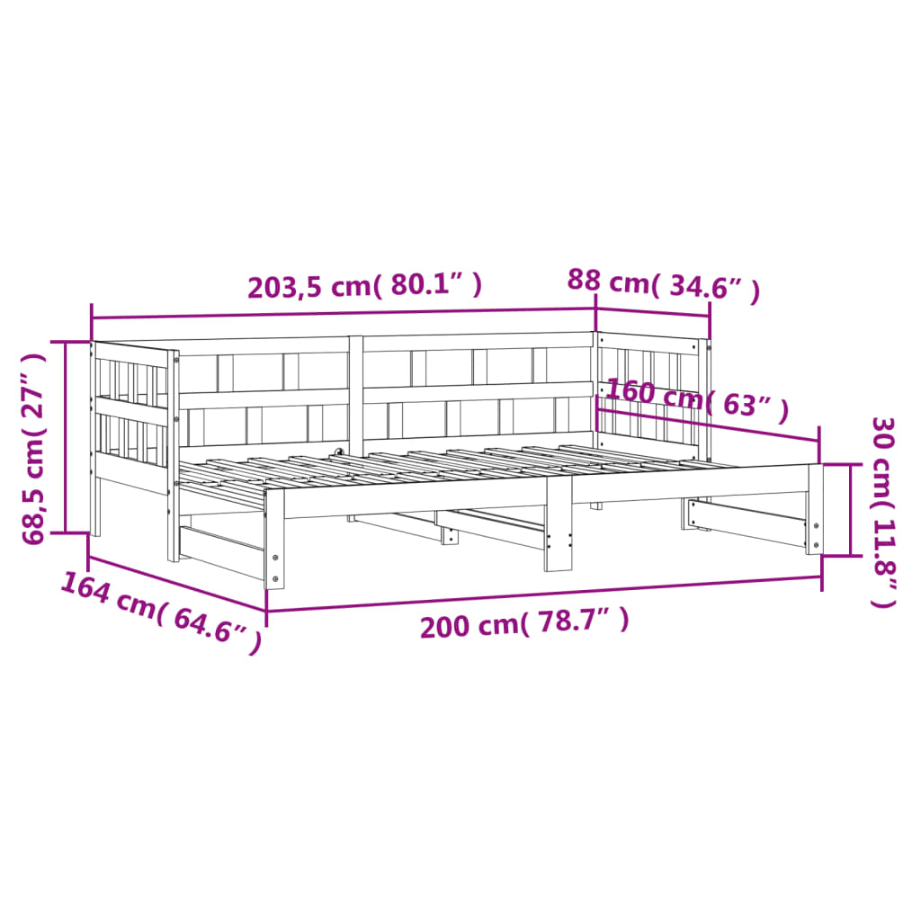 Lit de repos extensible blanc 80x200 cm en pin massif