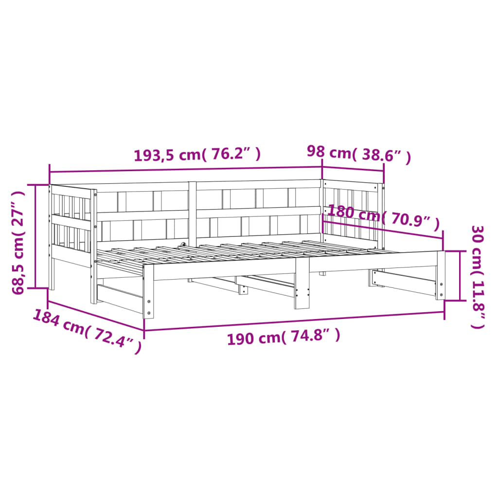 Lit de repos extensible 90x190 cm en pin massif