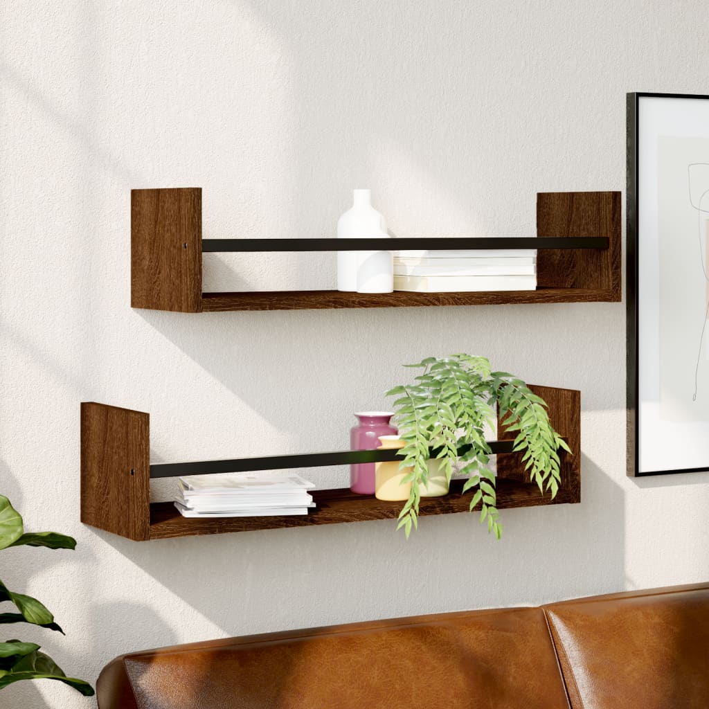 Wall shelves with rods 2 pcs. Brown oak look 60x16x14 cm