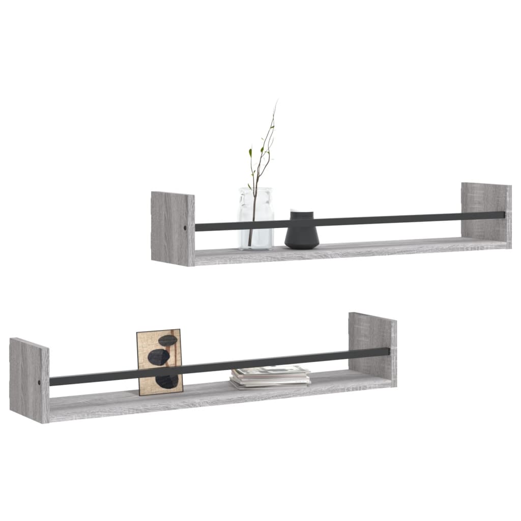 Wall shelves with rods 2 pcs. Gray Sonoma 80x16x14 cm