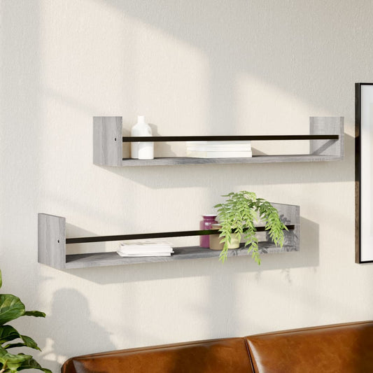 Wall shelves with rods 2 pcs. Gray Sonoma 80x16x14 cm