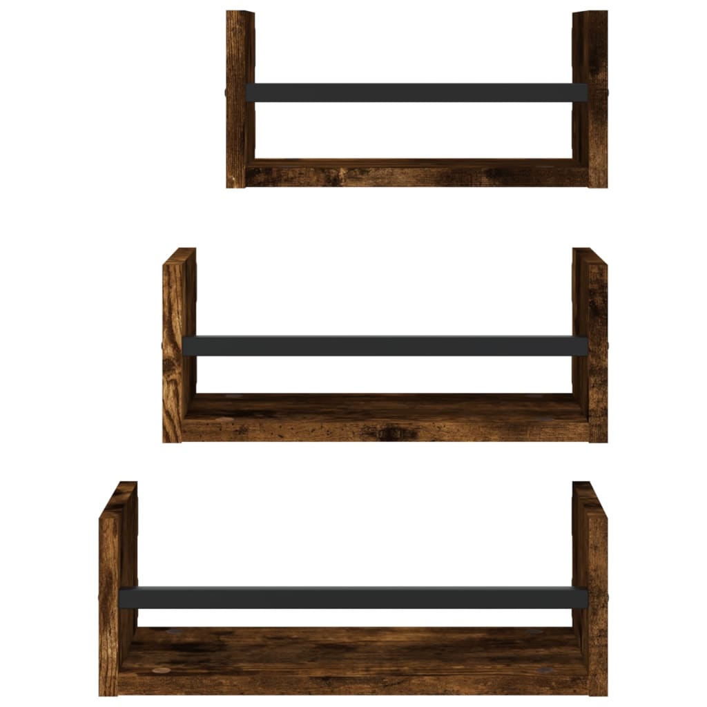 3-tlg. Wandregal-Set mit Stangen Räuchereiche Holzwerkstoff
