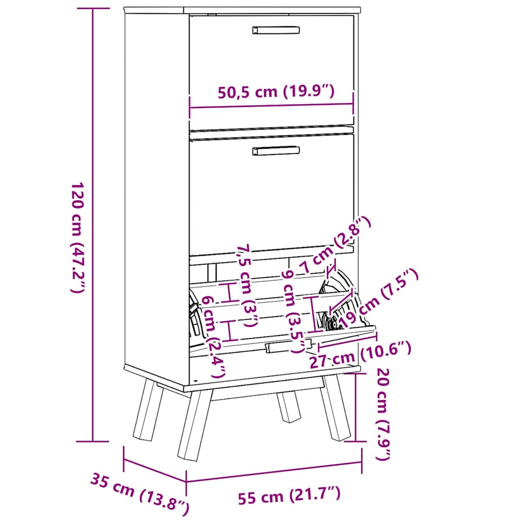 Schuhschrank OLDEN Braun 55x35x120 cm Massivholz Kiefer