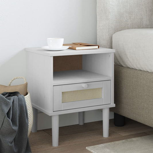 Bedside table SENJA rattan look white 40x35x48 cm solid pine wood