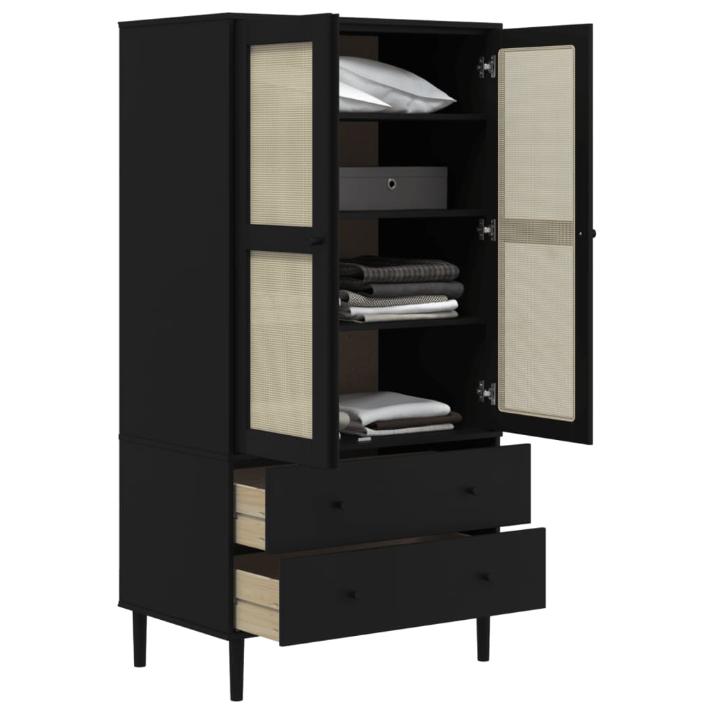 Kleiderschrank SENJA Rattan-Optik Schwarz 90x55x175 cm