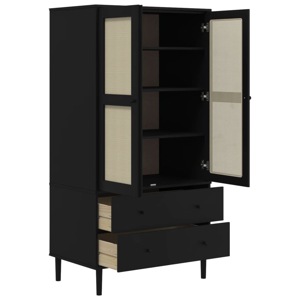 Kleiderschrank SENJA Rattan-Optik Schwarz 90x55x175 cm