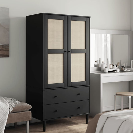 Kleiderschrank SENJA Rattan-Optik Schwarz 90x55x175 cm