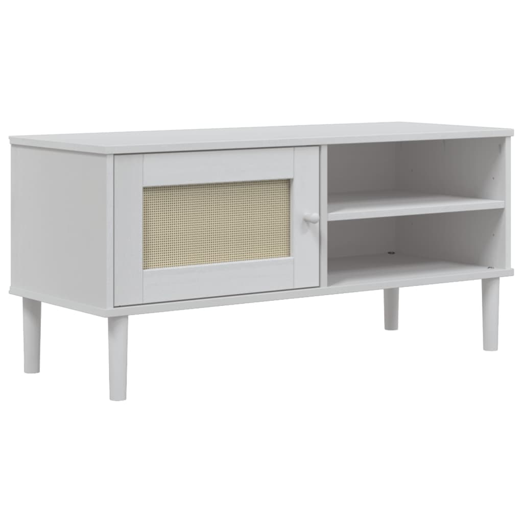 Meuble TV SENJA aspect rotin blanc 106x40x49 cm pinède