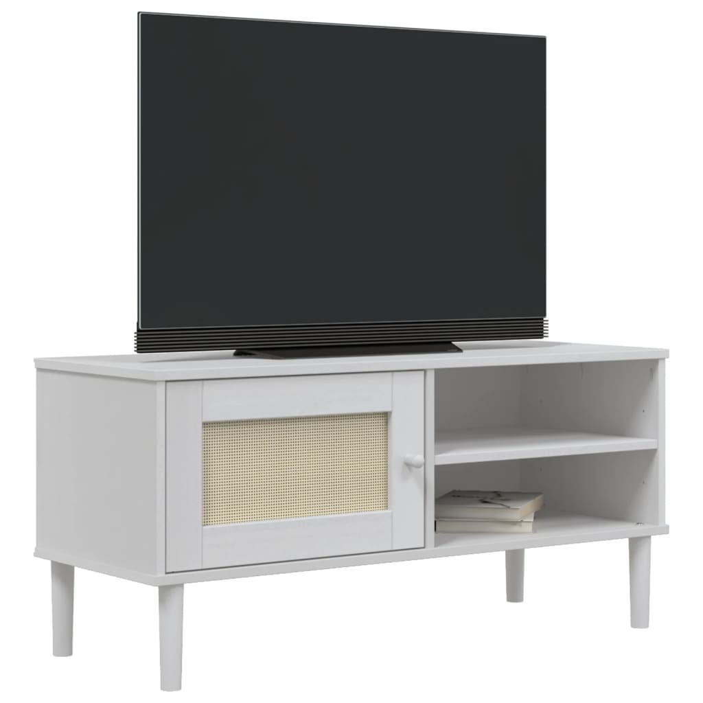 Meuble TV SENJA aspect rotin blanc 106x40x49 cm pinède